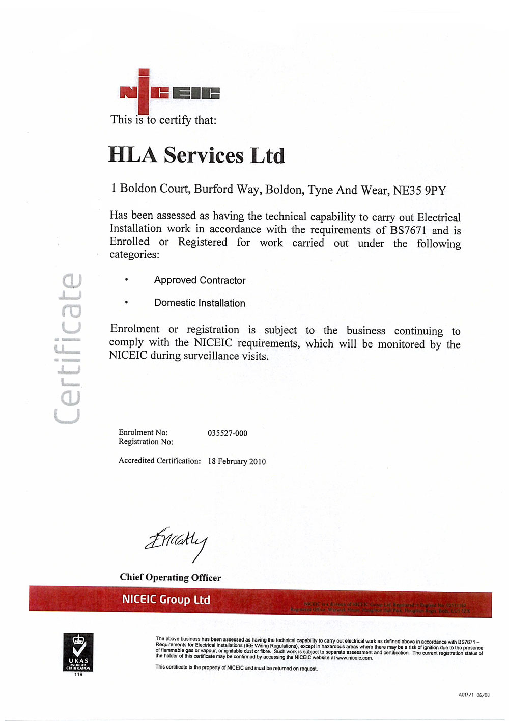 NICEIC Certificate