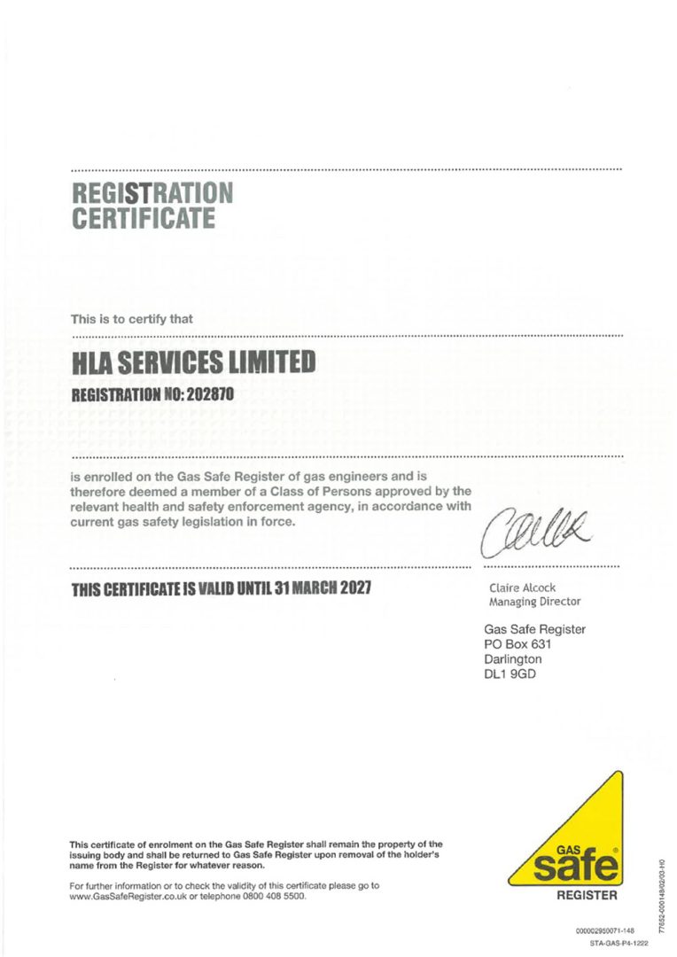 Gas Safe Certificate 2026-2027